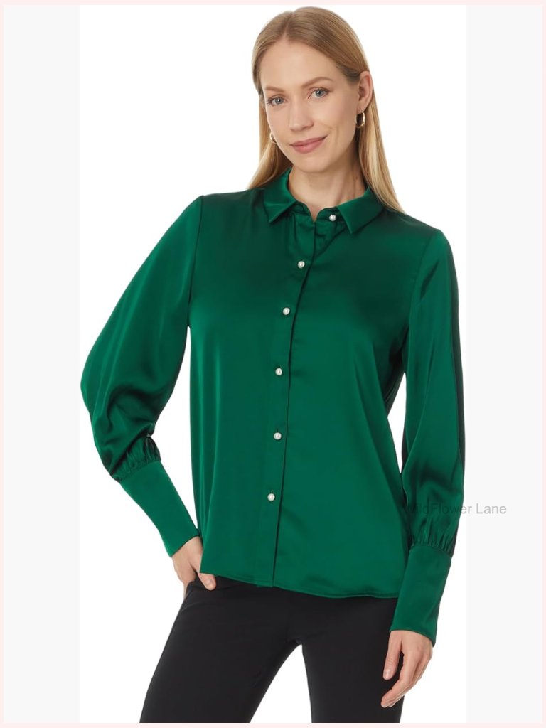 Button Down Long Sleeve Collared Tall Cuff Blouse Classic Fit